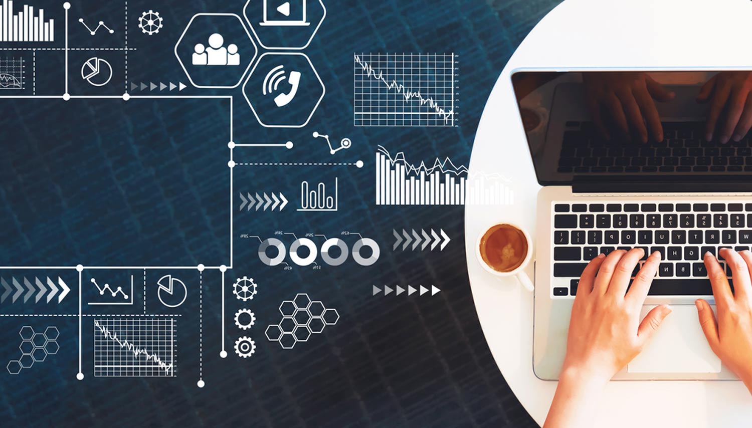 Datenmanagement-Grafik mit Laptop, auf welchem jemand tippt