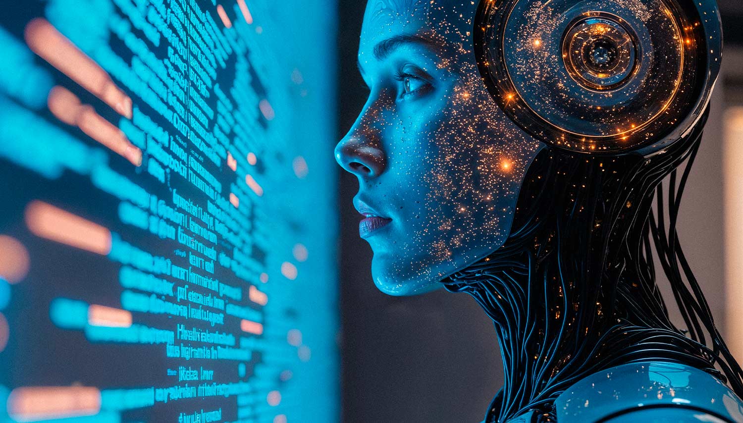 Frauenähnlicher Roboter, der auf einen Bildschirm schaut
